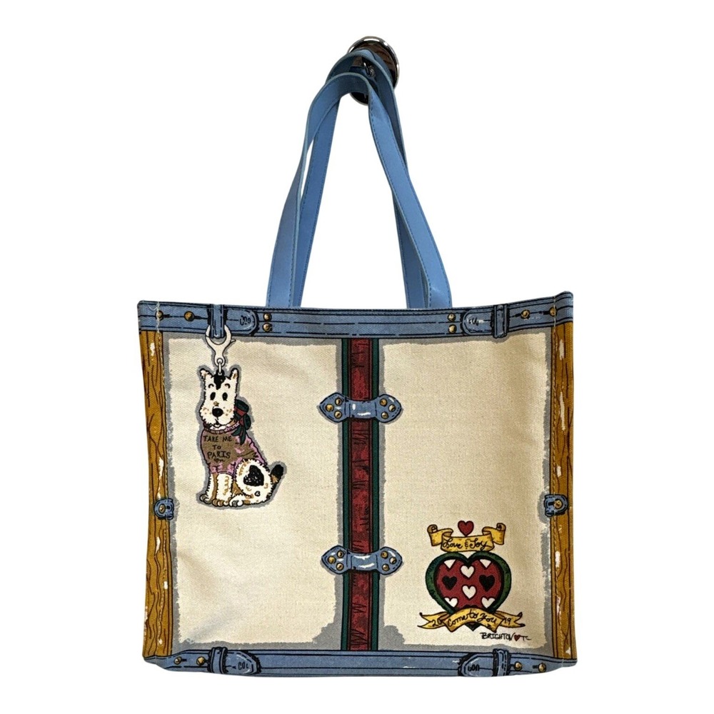 Brighton Love & Joy Canvas Tote Bag Paris Dog Heart Print Blue Straps